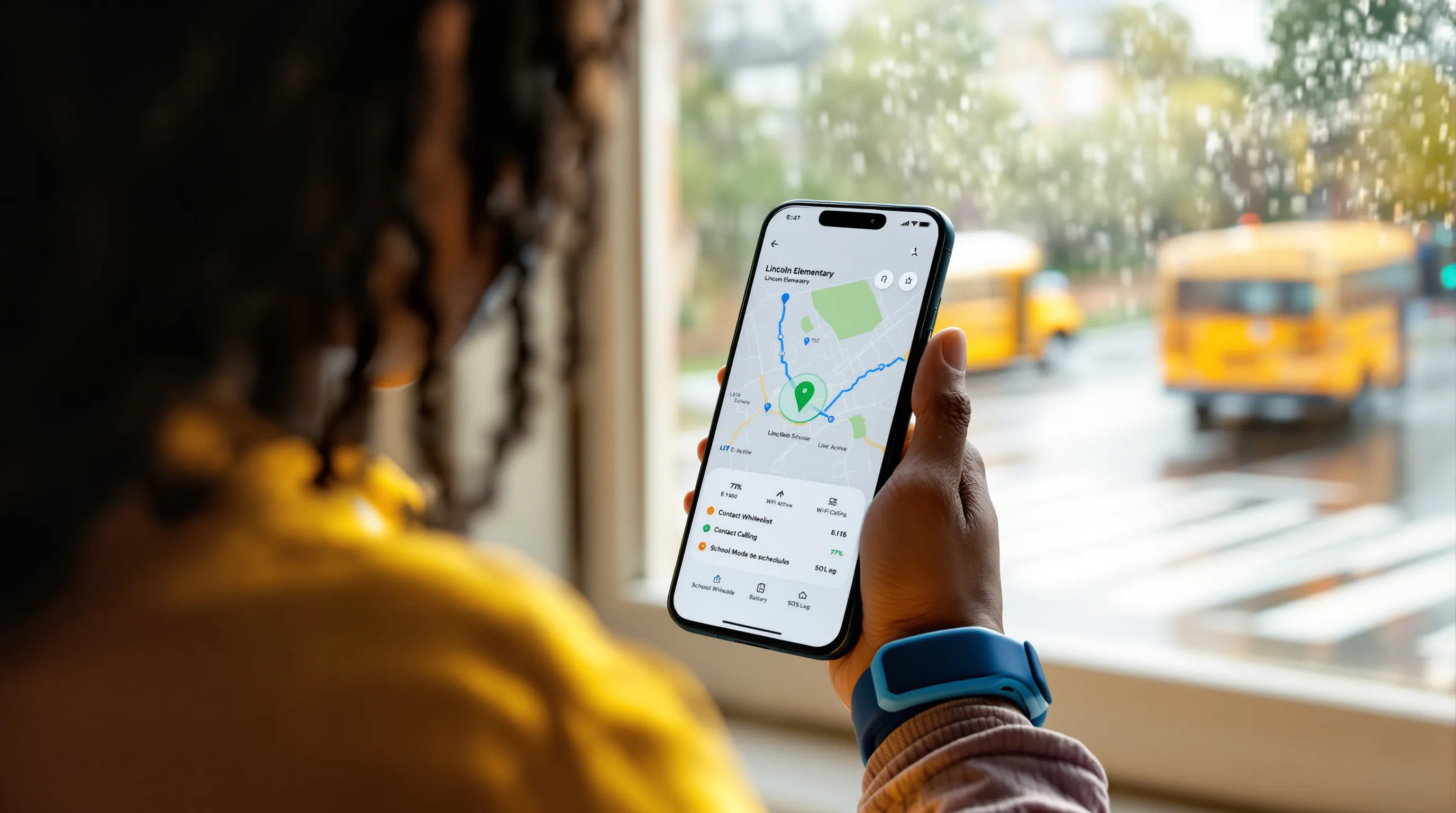 Parent checks kids smartwatch app as child approaches school bus in rain.