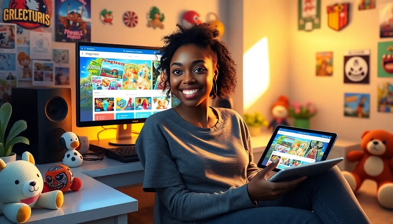 A young woman excitedly interacting with an online gaming platform at home.