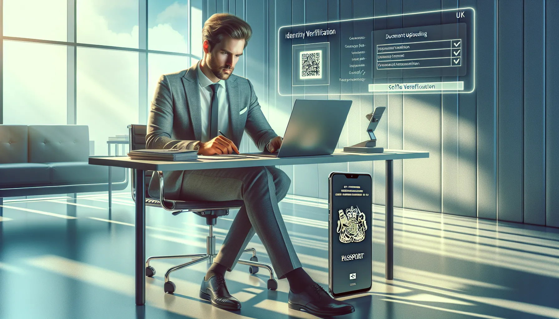 Professional completing identity verification on laptop with passport in modern UK office setting.