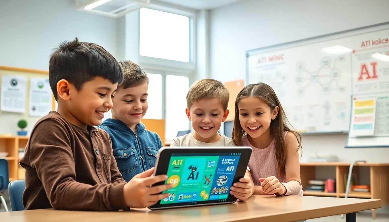 children learning about artificial intelligence in a colorful classroom.