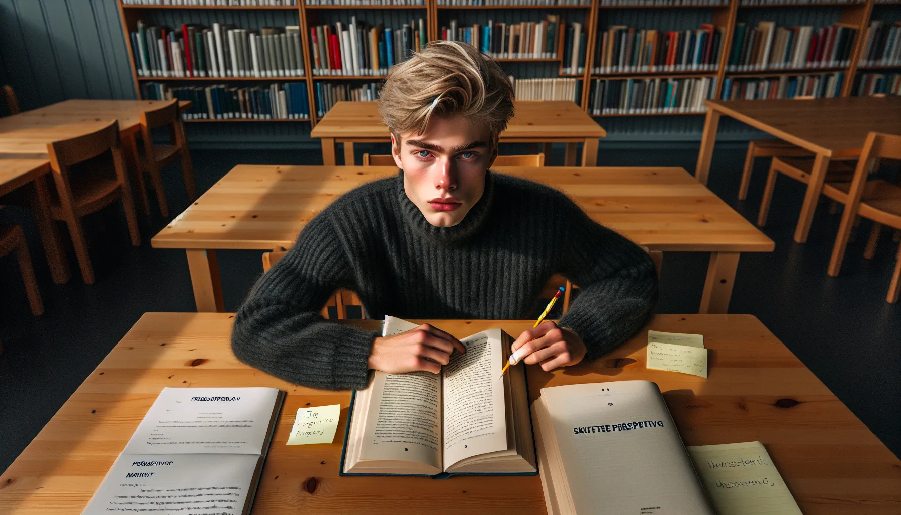 Norwegian student reading a novel, annotating for empathy and perspective-taking.