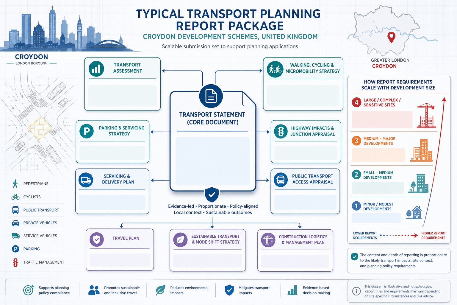 Infographic of transport planning reports needed for Croydon development schemes.