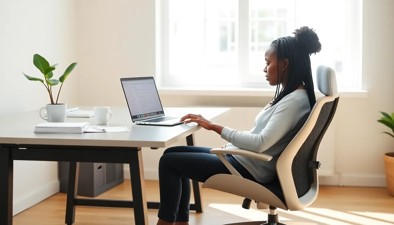 A woman working on a laptop in a bright home office.