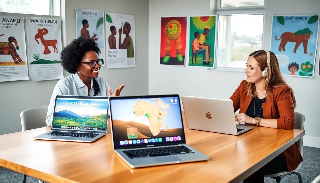 diverse group learning Swahili in a modern classroom.
