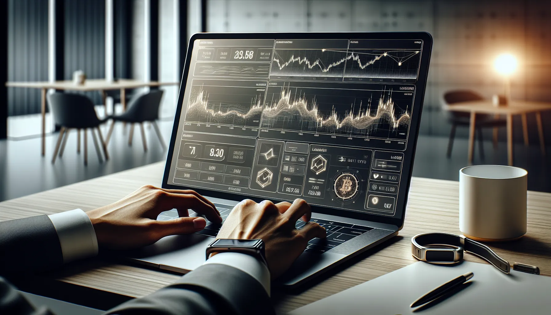 Professional trader analyzing Binance Futures interface on laptop in modern workspace.