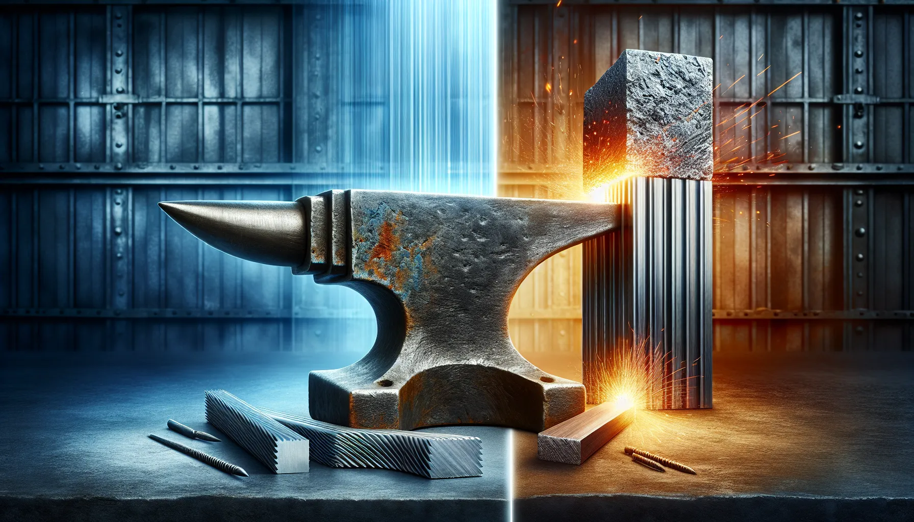 An iron anvil and polished steel beam in an industrial setting.