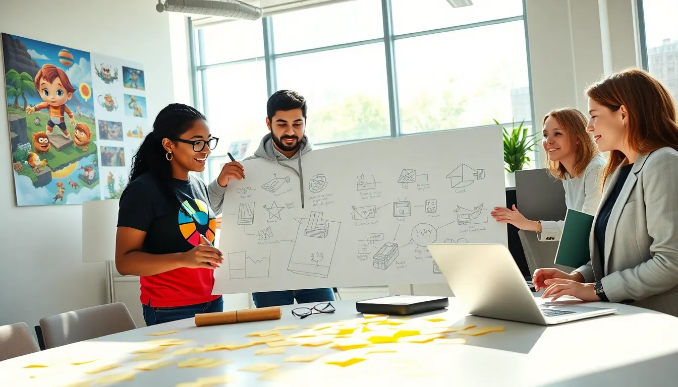 A diverse team of game developers brainstorming in a bright office.