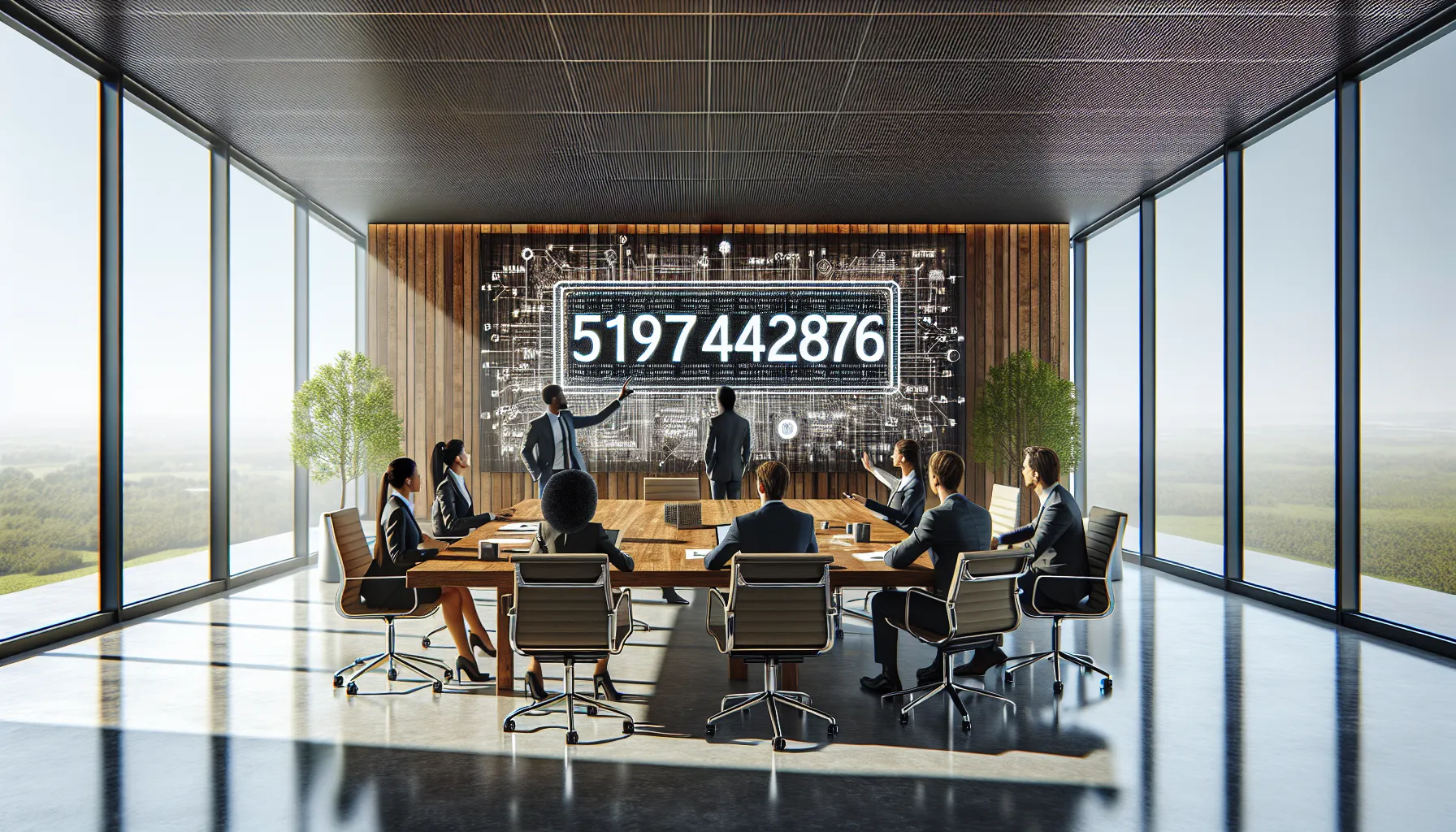 professionals discussing a digital systems diagram in a modern conference room.