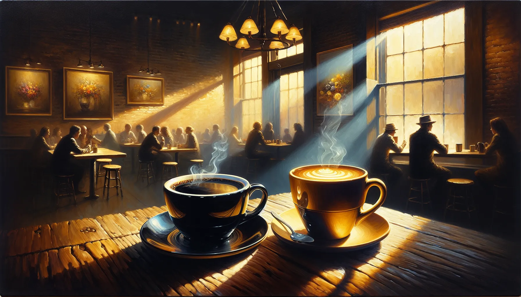 two coffee mugs representing dark and light roasts on a wooden table.