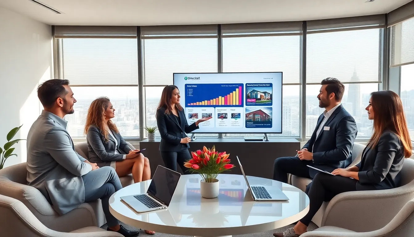 diverse team collaborating in a modern real estate office setting.