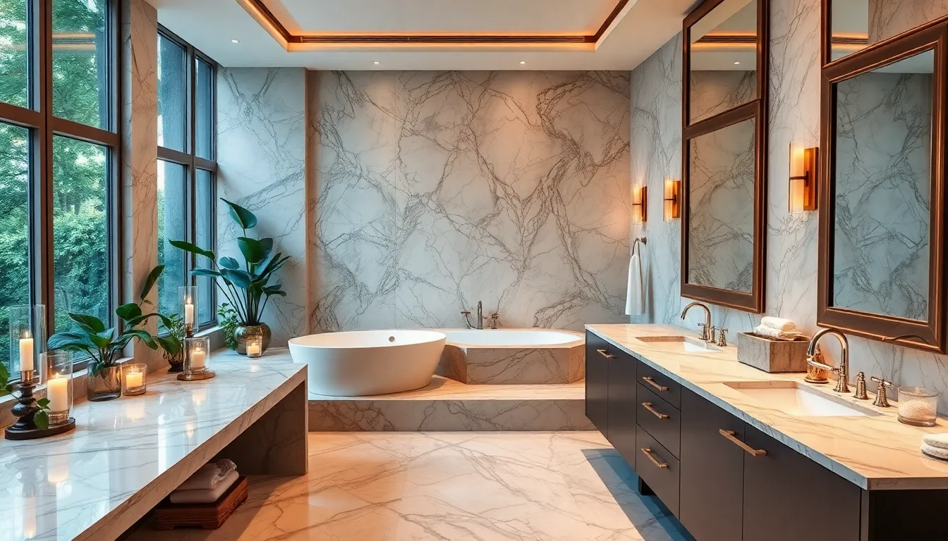 a luxurious bathroom with marble countertops and elegant lighting.