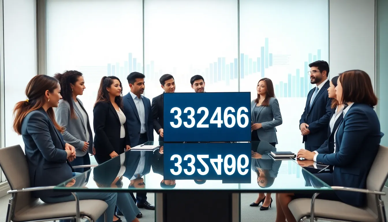 diverse professionals discussing a number in a modern office.