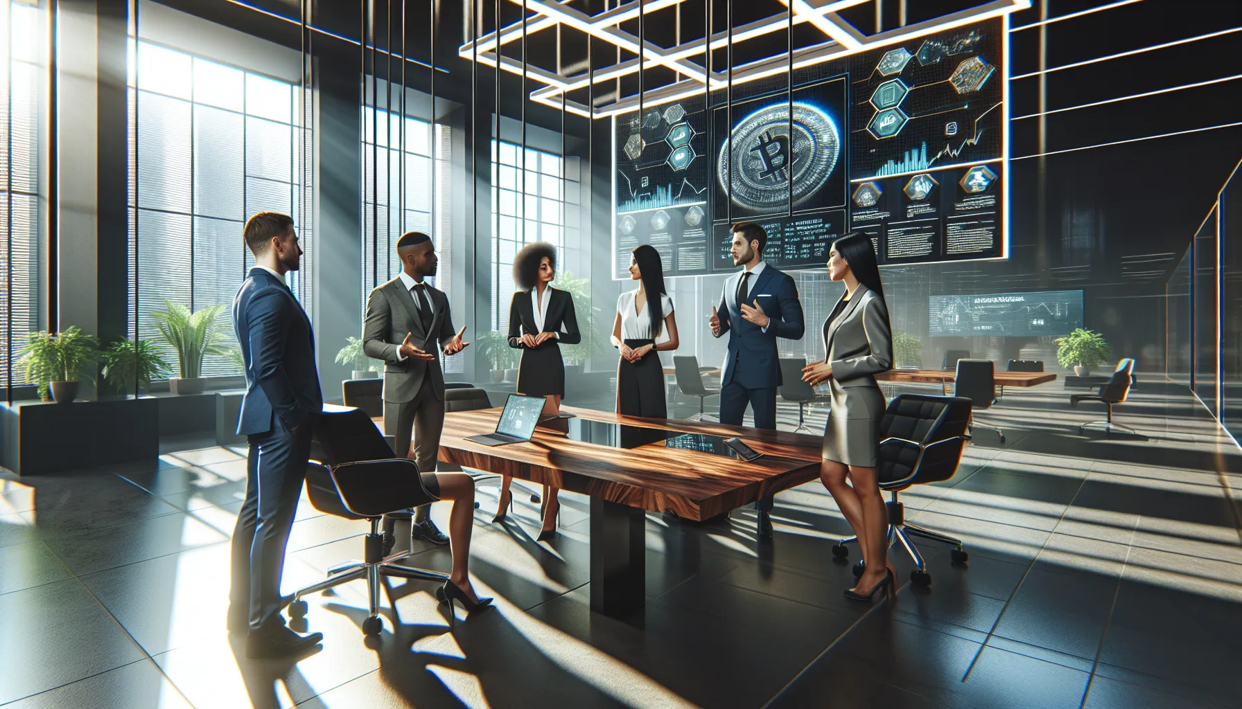 diverse professionals discussing cryptocurrency investment strategies.