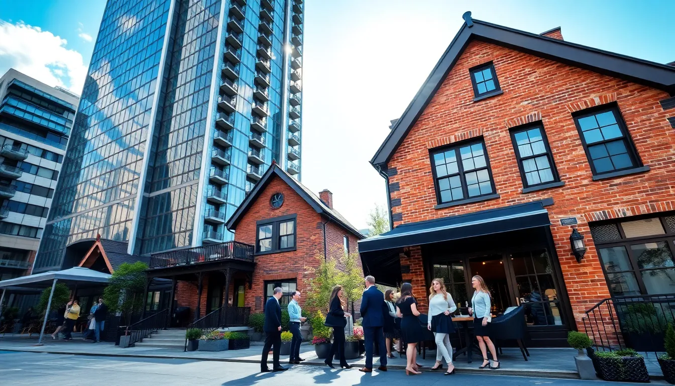 diverse group near modern and traditional architecture in urban setting.