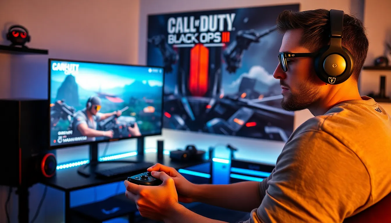 Gamer immersed in Call of Duty: Black Ops III in a modern gaming setup.