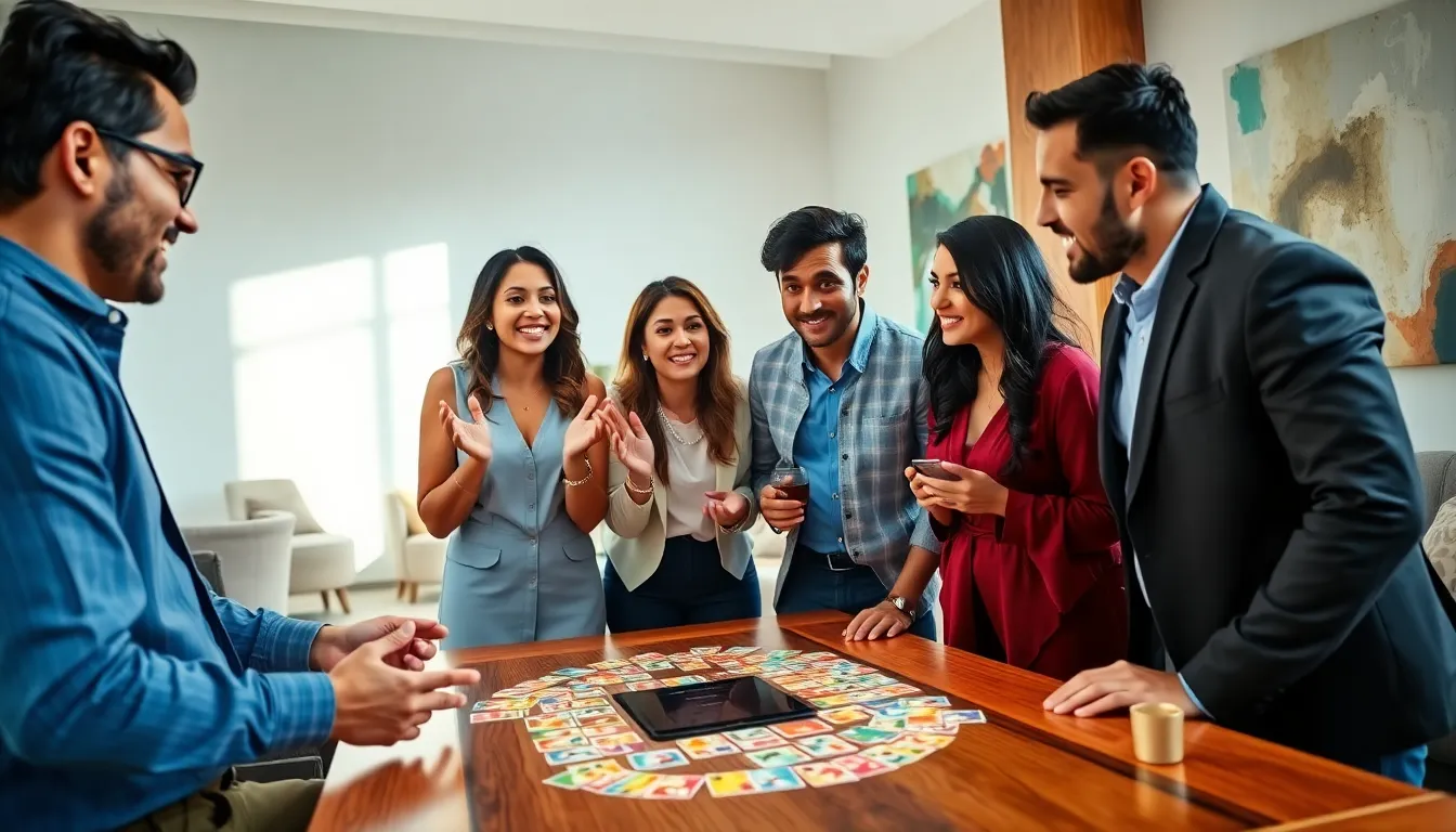 group of diverse people engaging around a game table in a modern lounge.