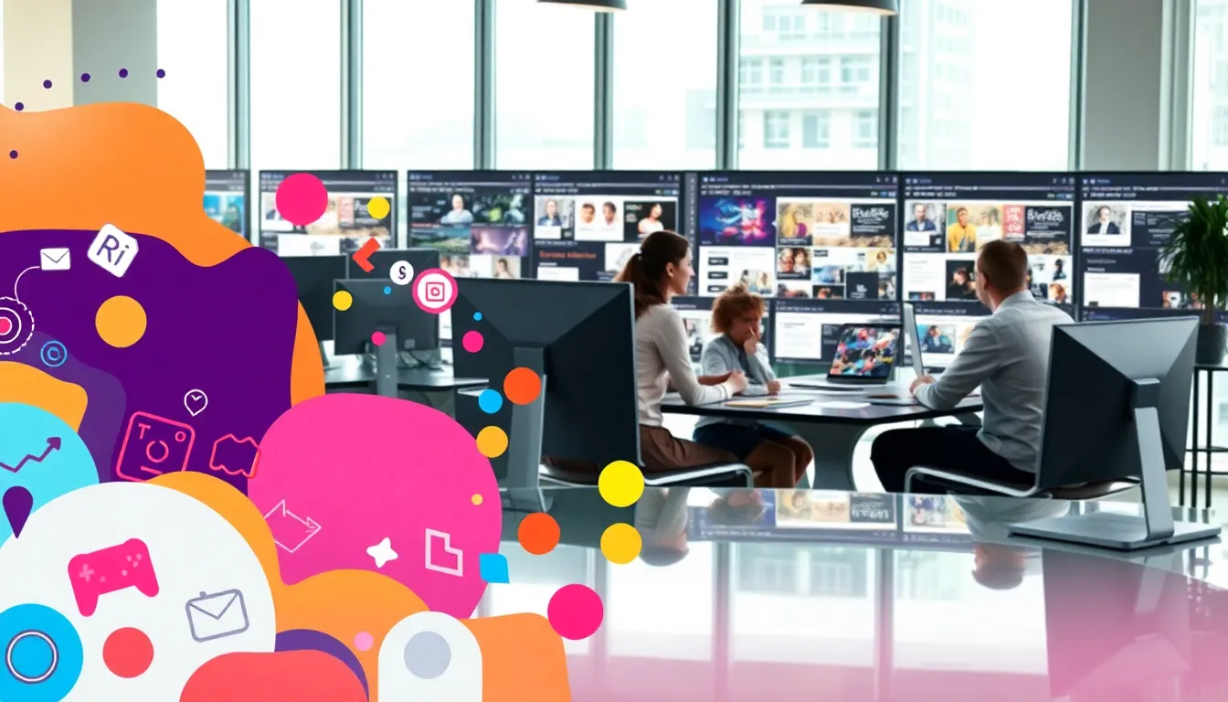 diverse group collaborating on digital content in a modern workspace.