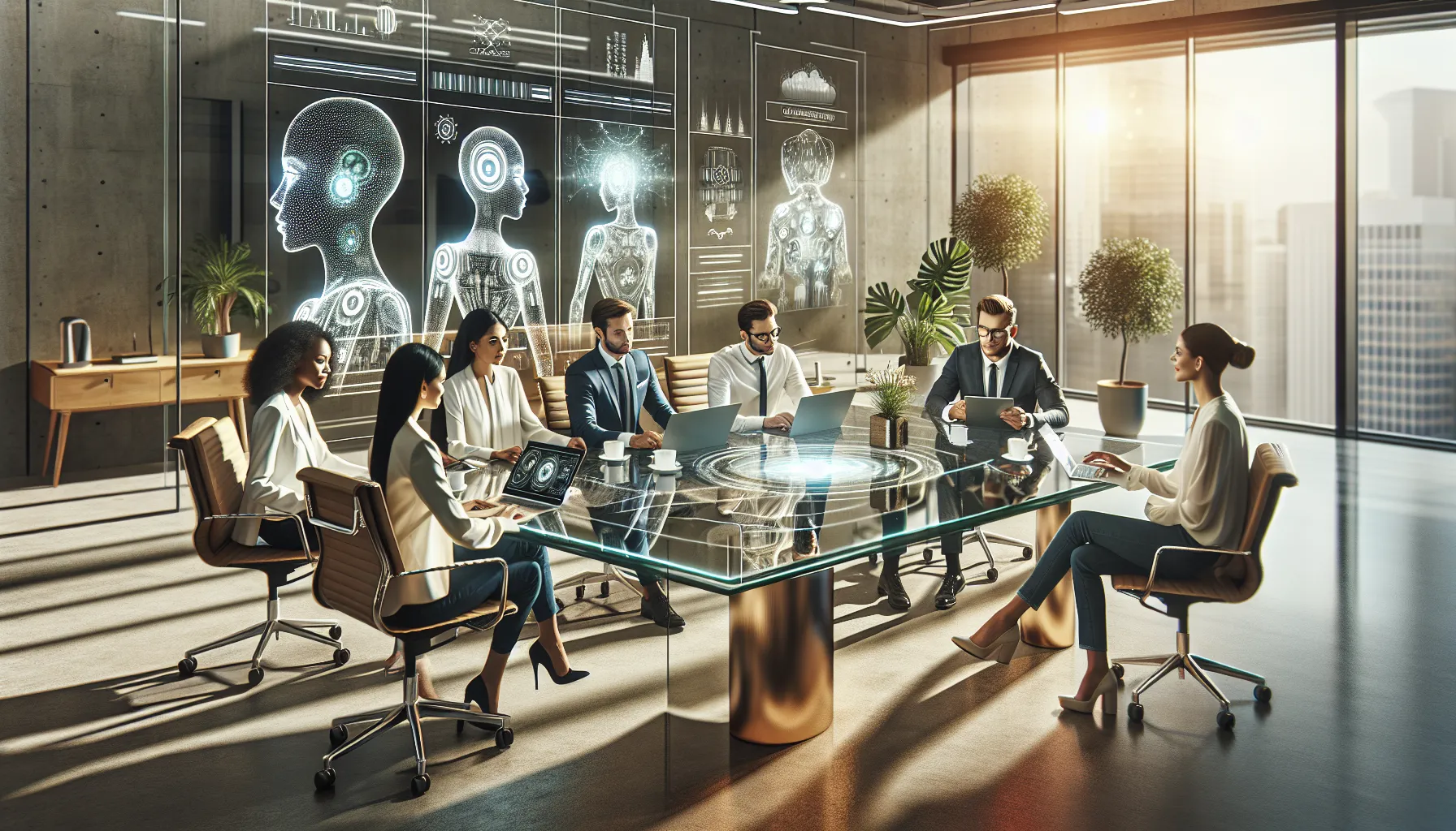 professionals collaborating on sustainable technology in a modern office.