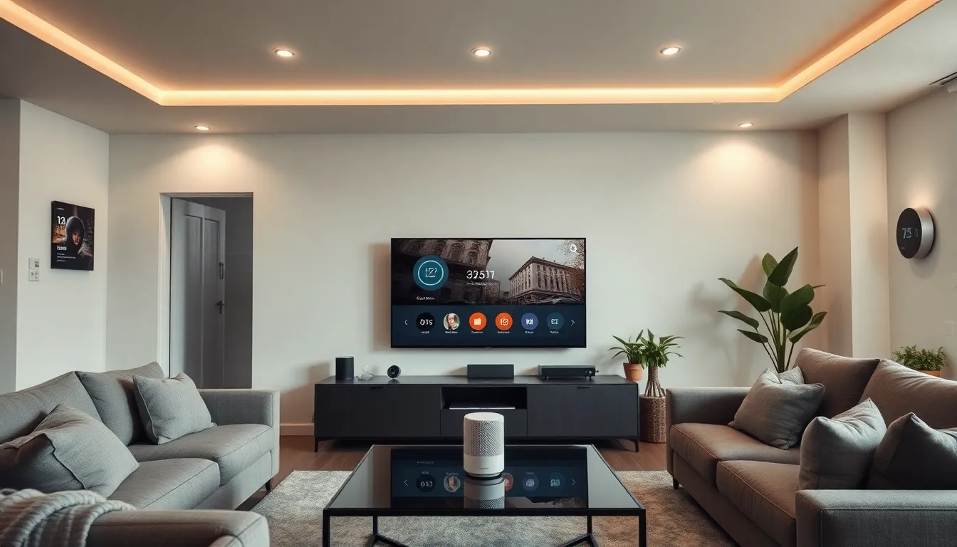 modern living room with smart technology features.