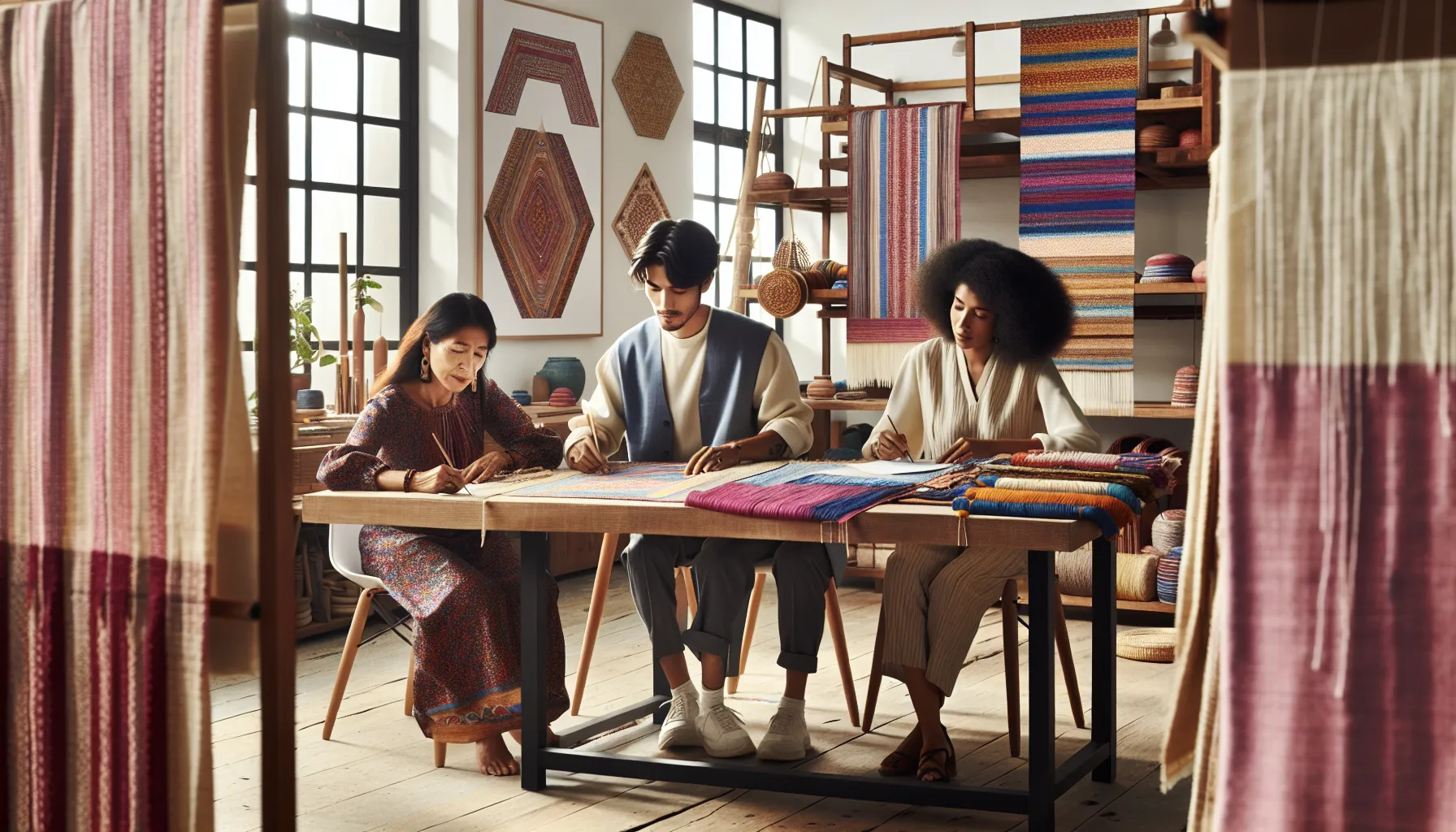 Artisans collaborating on Nepalese textile art in a bright studio.