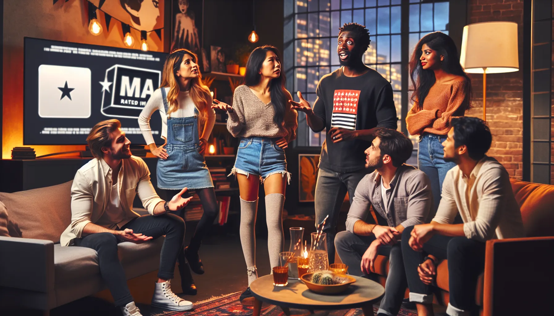 a group of friends discussing MA and R-rated films in a cozy living room.