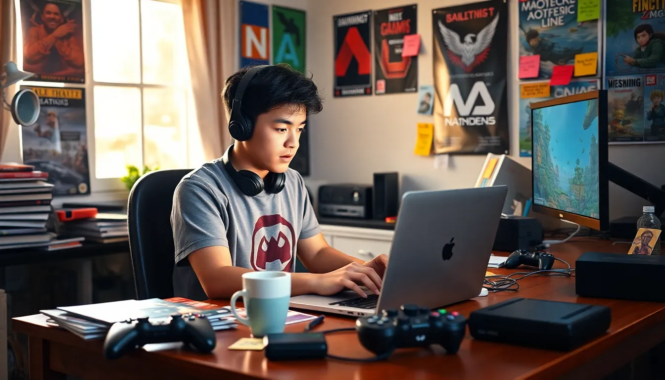 A gamer working at a desk filled with gaming memorabilia.