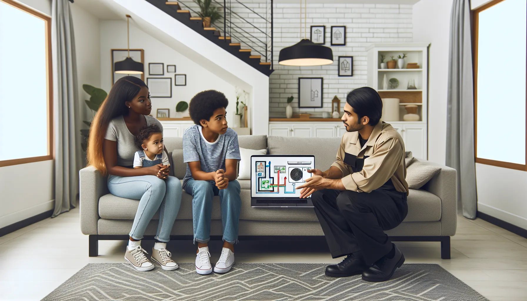 A family discusses HVAC options with a professional in their living room.