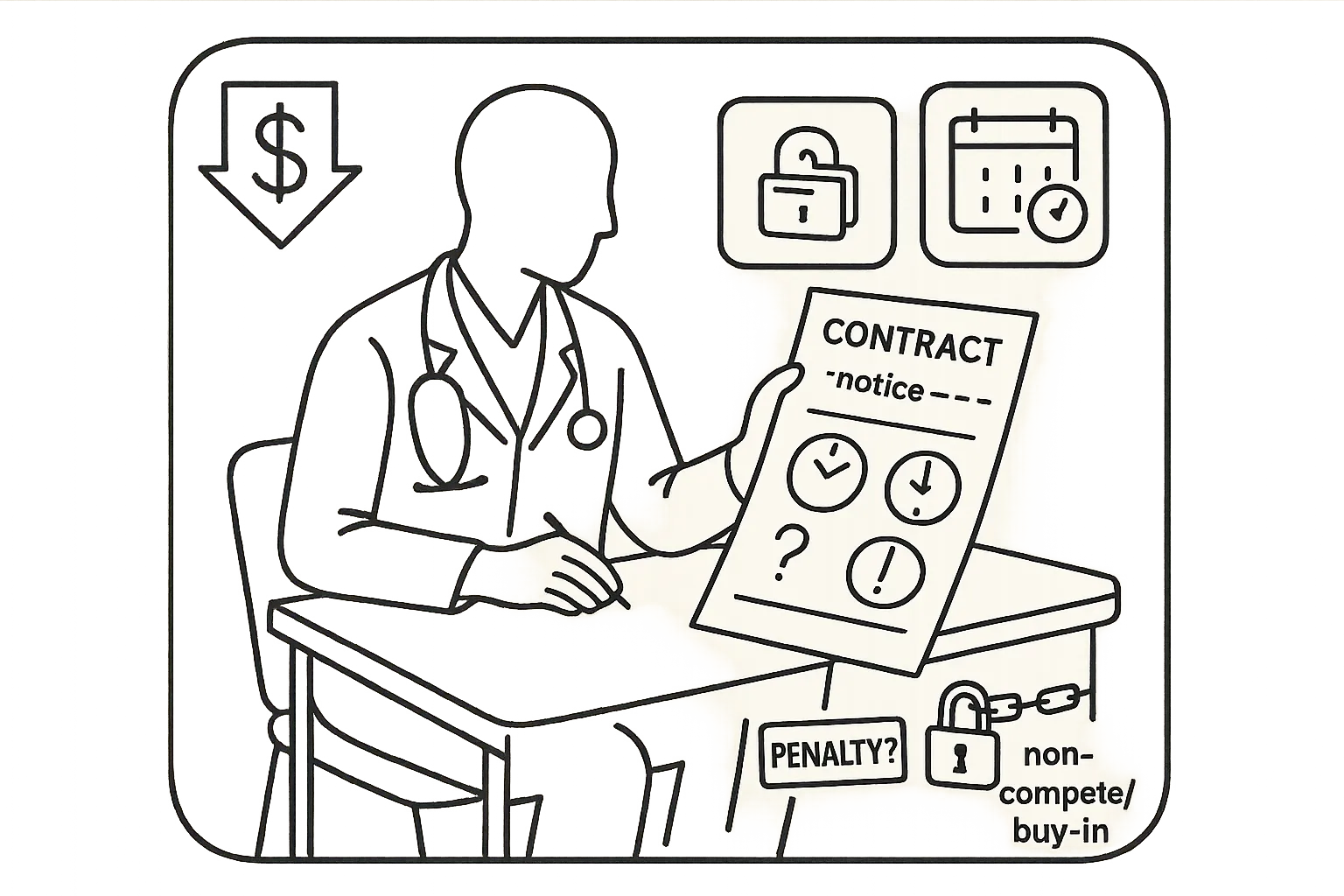 A vet at a desk reviewing a contract surrounded by icons for pay loss, penalties, and non‑compete.