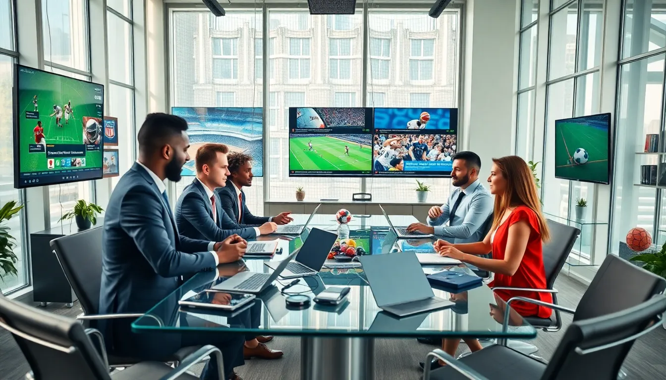 diverse sports journalists collaborating in a modern office.
