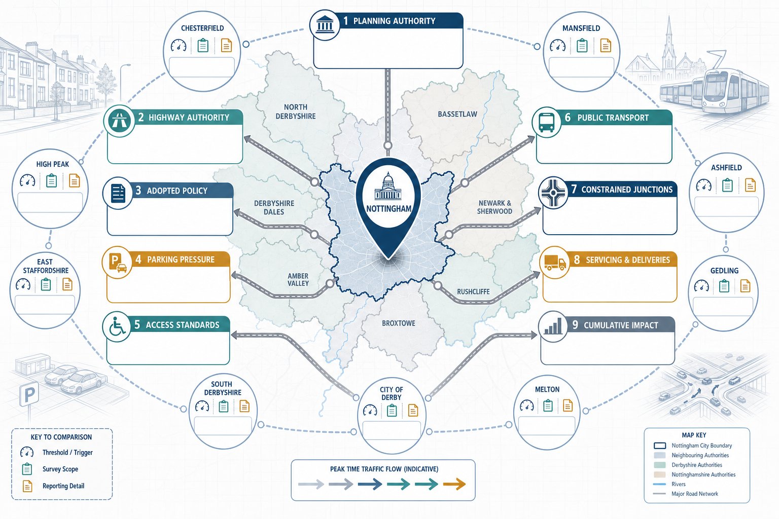 Infographic map of Nottingham planning and transport factors across the East Midlands.