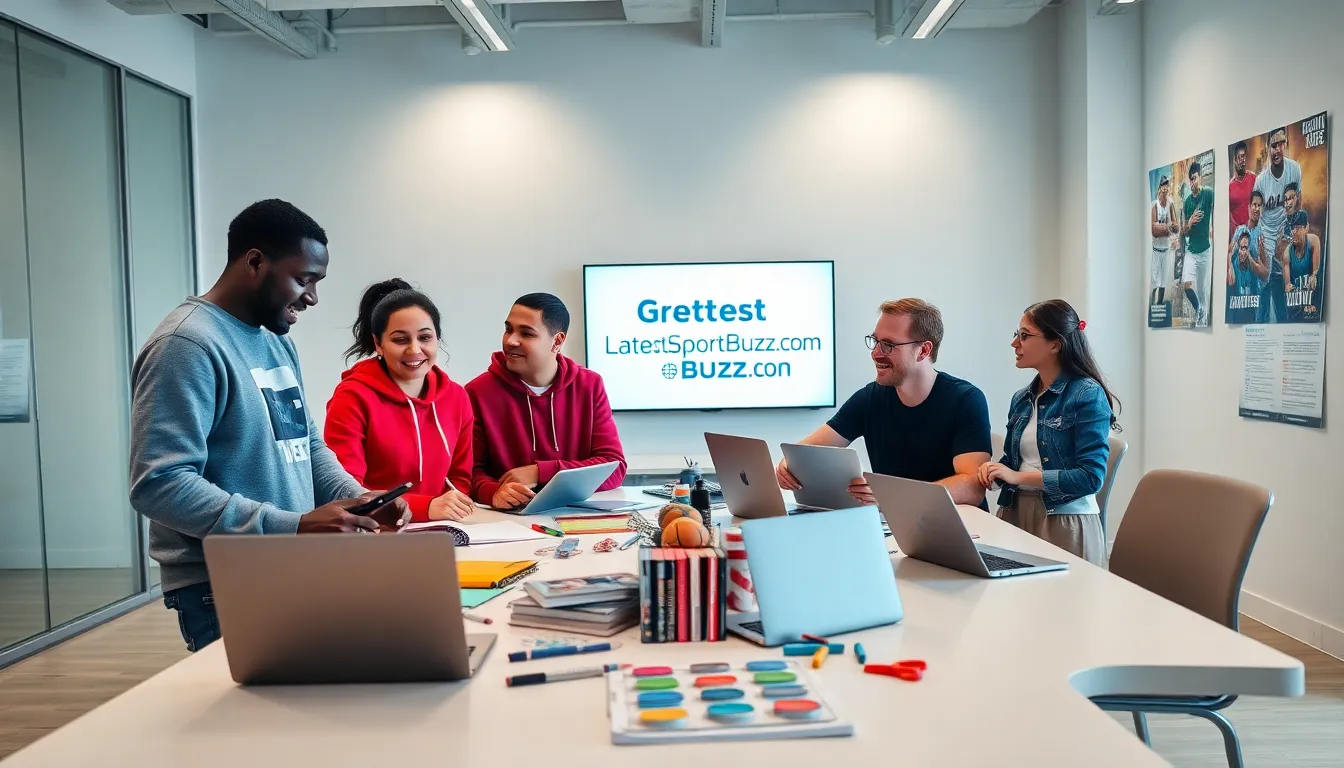 A diverse group discussing sports articles in a modern office.