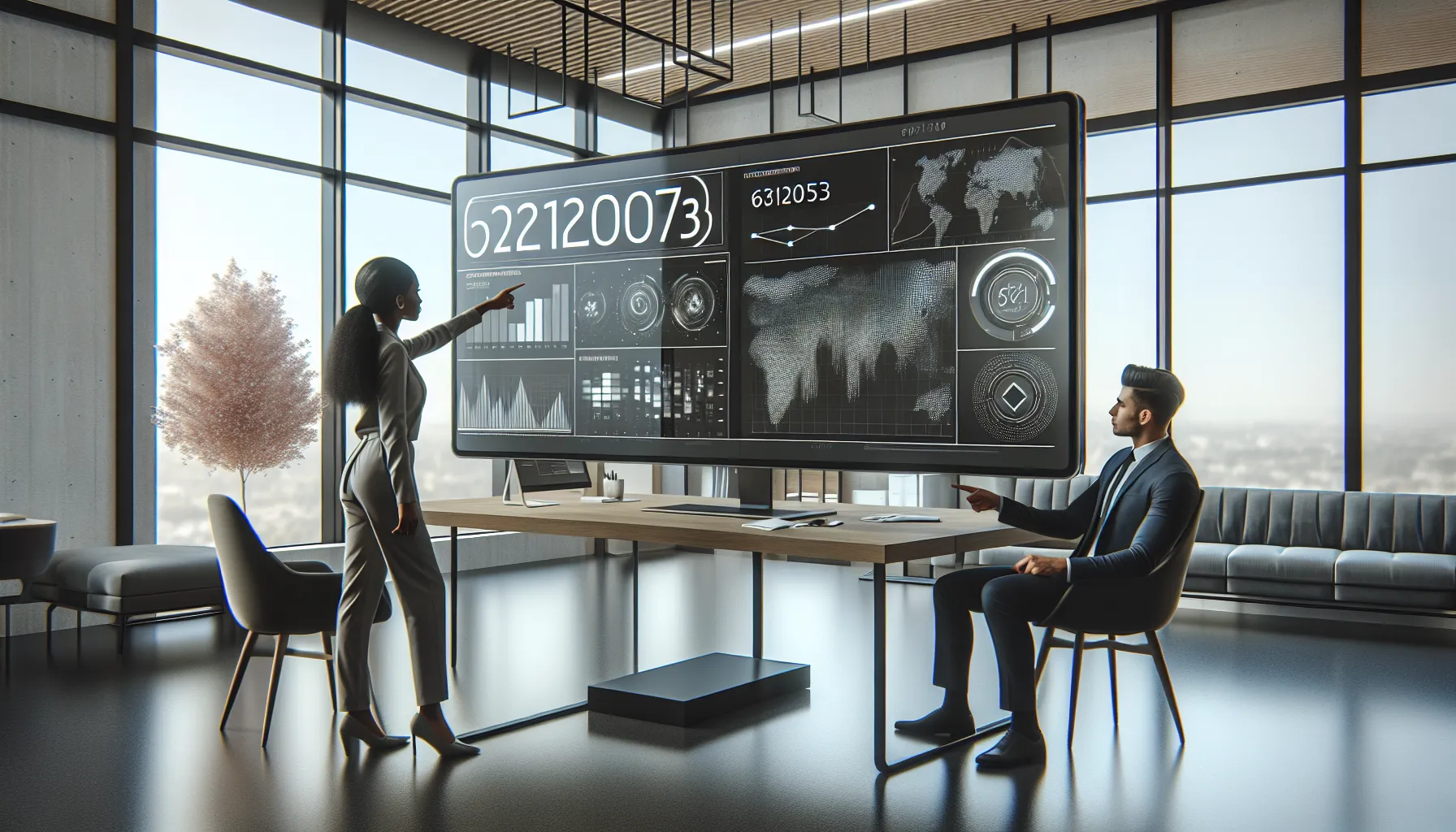 diverse team discussing data in a modern office setting.