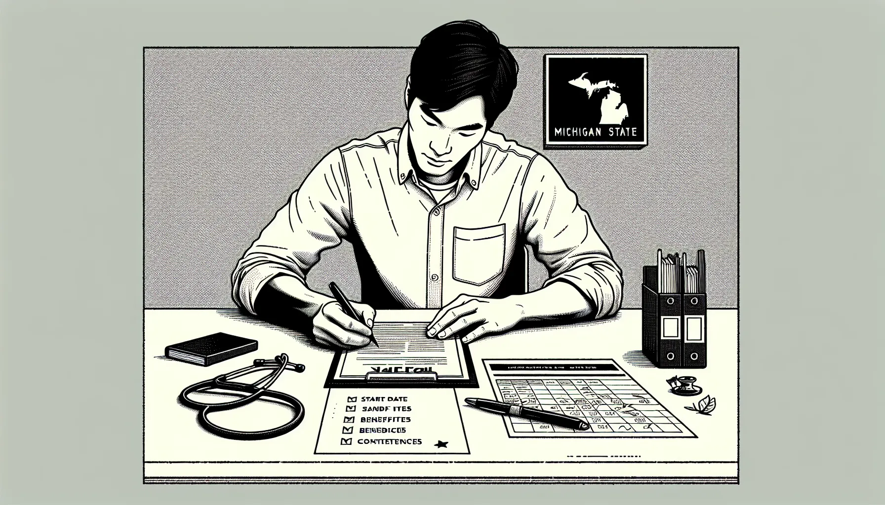 Veterinarian at desk reviewing an offer letter and calendar with circled dates of Michigan Veterinary Contract Review.
