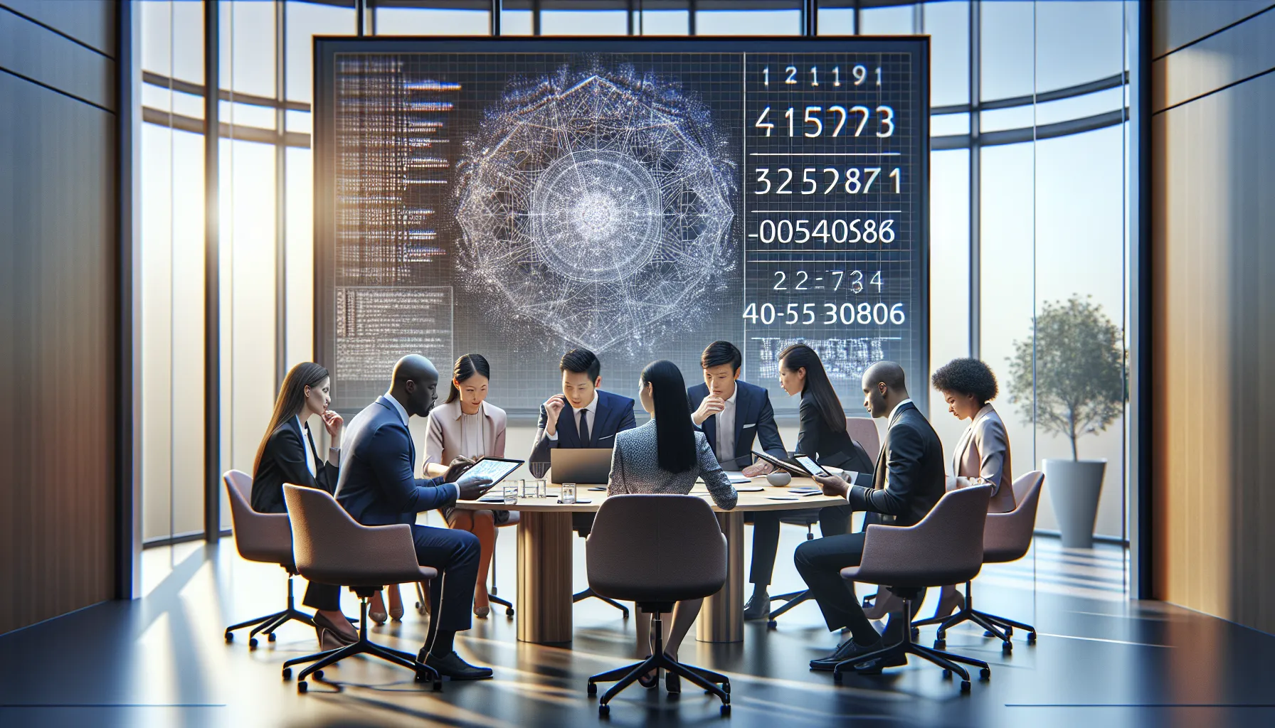 diverse team discussing data in a modern office.