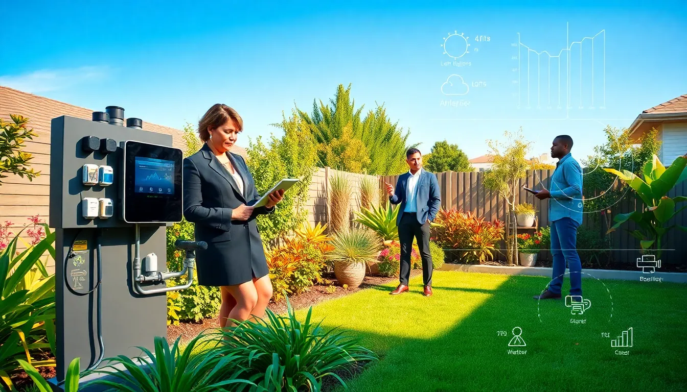 Diverse professionals demonstrating a smart irrigation system in a modern garden.