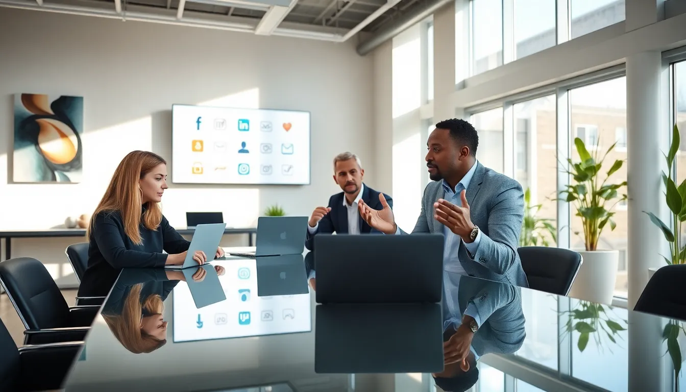 diverse professionals discussing contact options in a modern office.