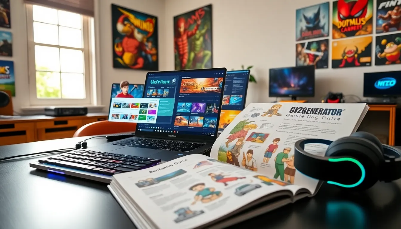 A laptop displaying CK2Generator alongside a gaming guide by Benjamin Pearce.