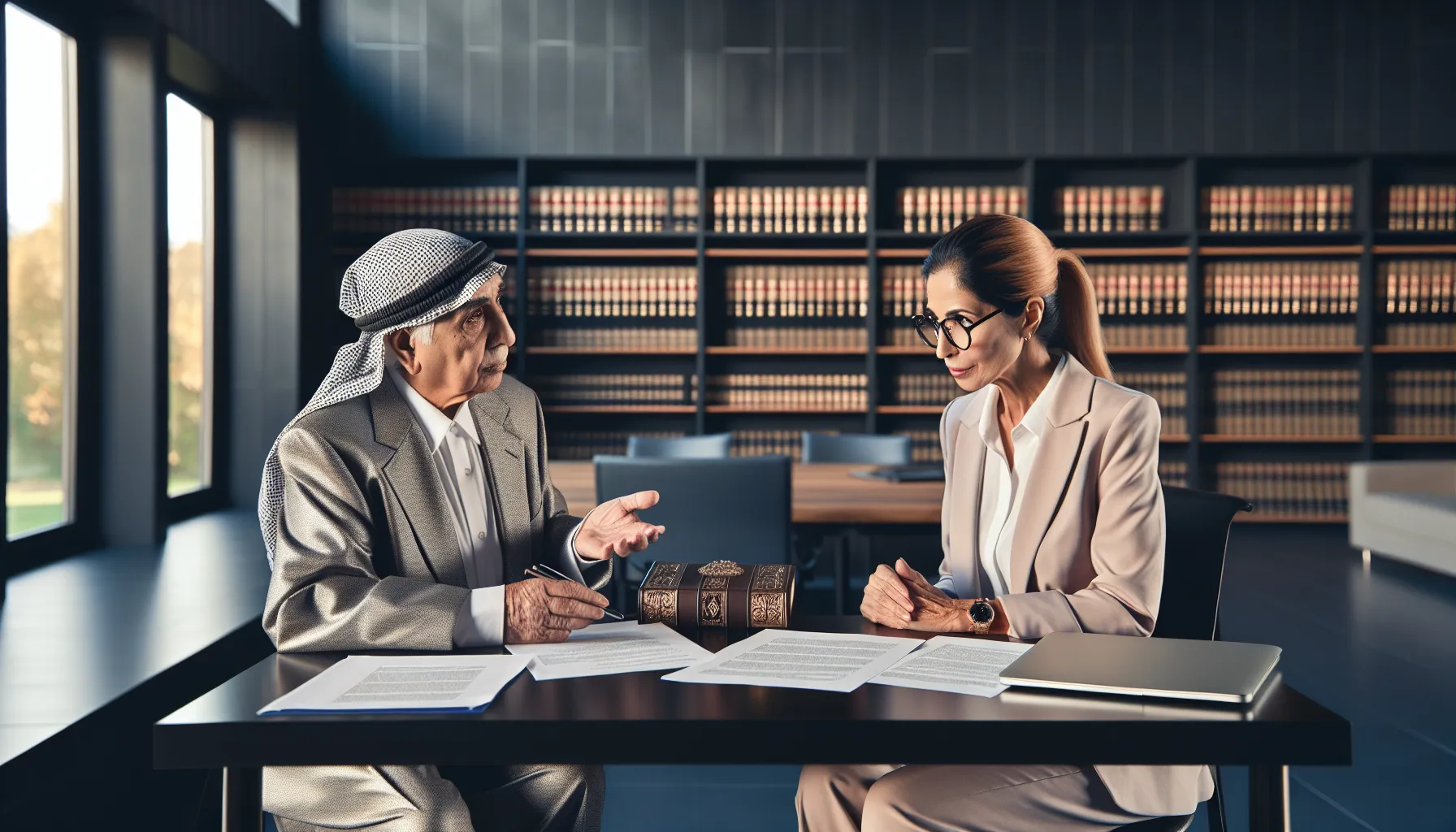 Elderly person consulting with lawyer about legal documents in professional office setting.