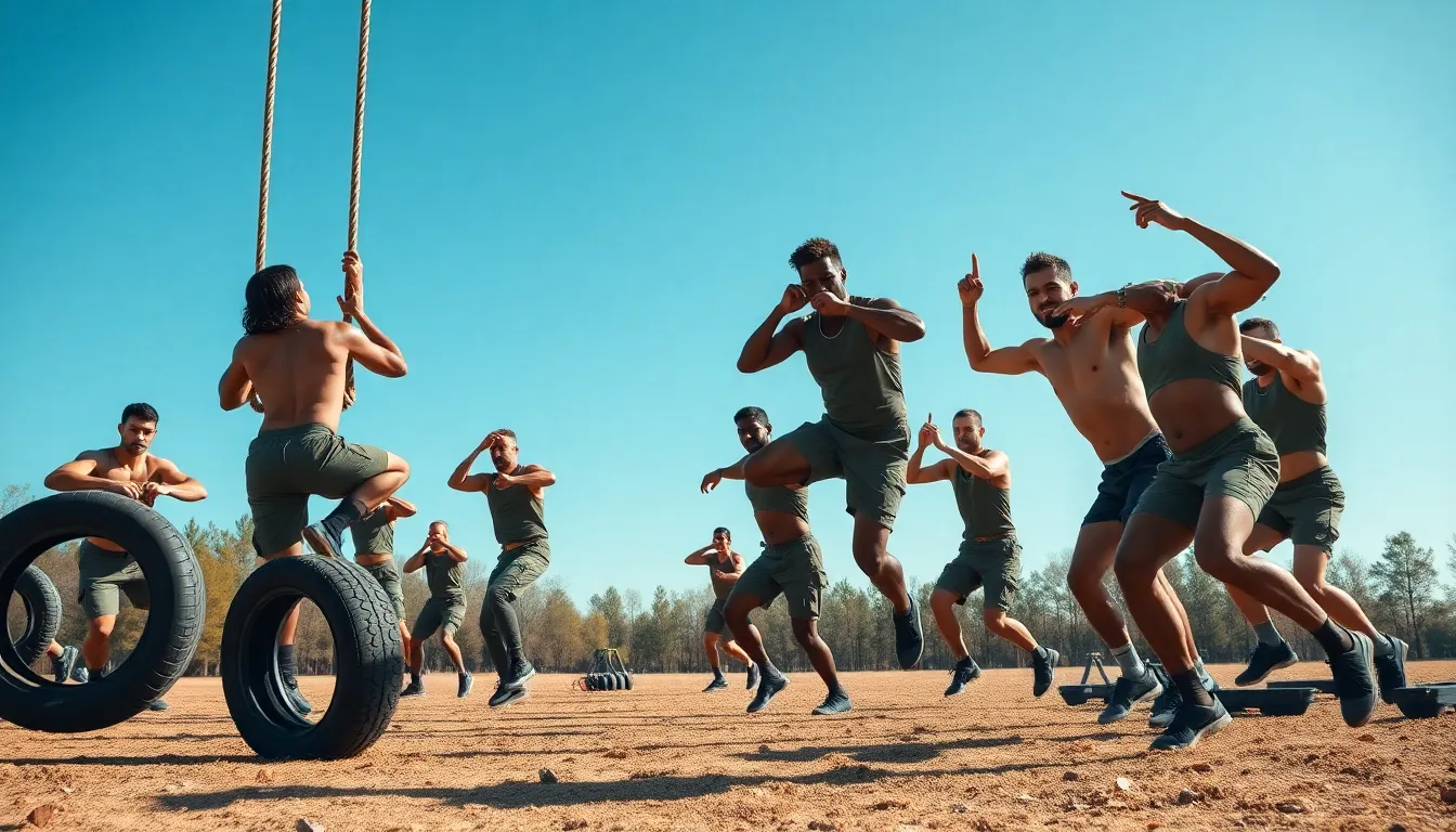 diverse military personnel engaged in rigorous outdoor fitness training.