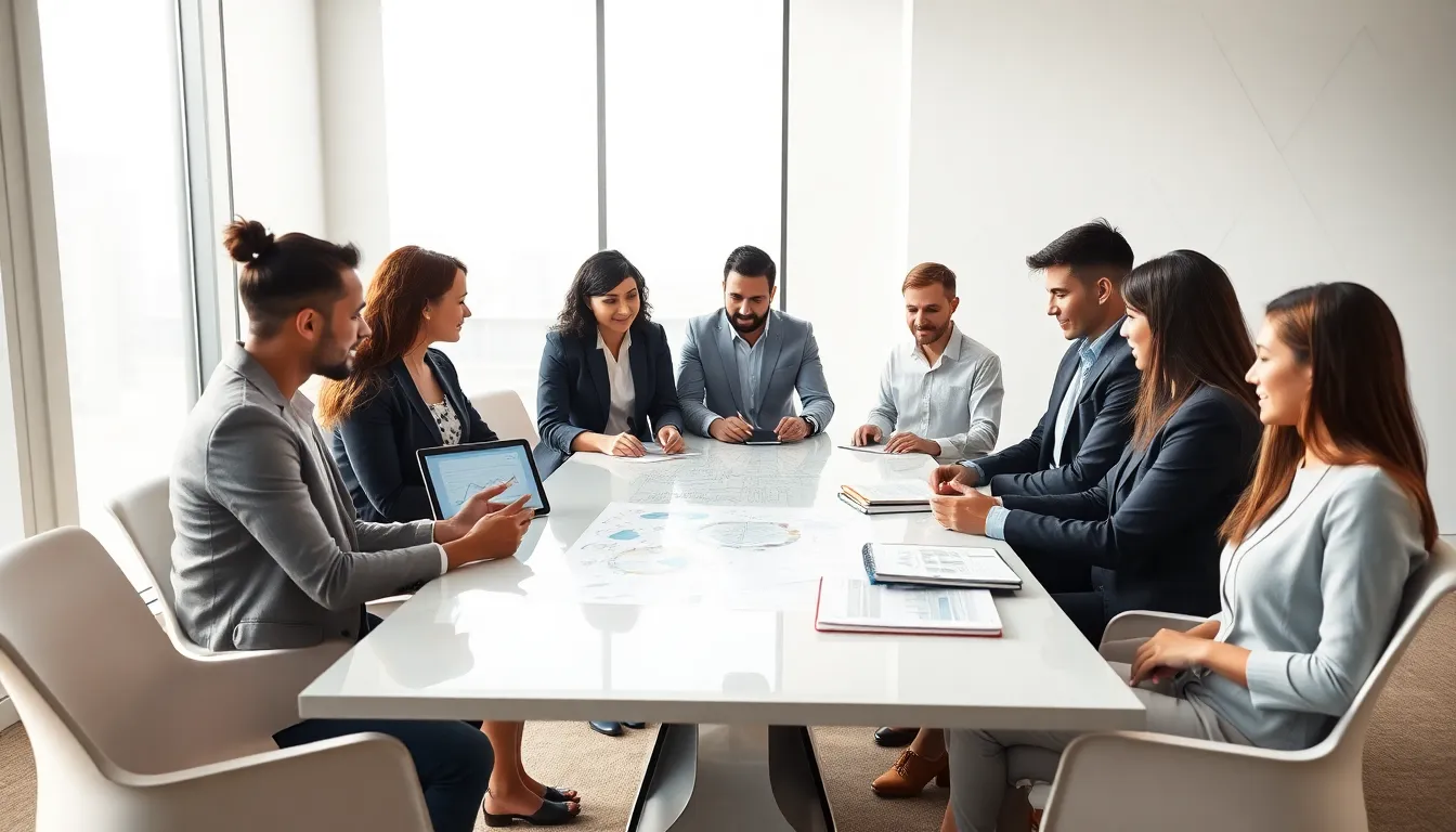 diverse professionals discussing بهرثق in a modern conference room.
