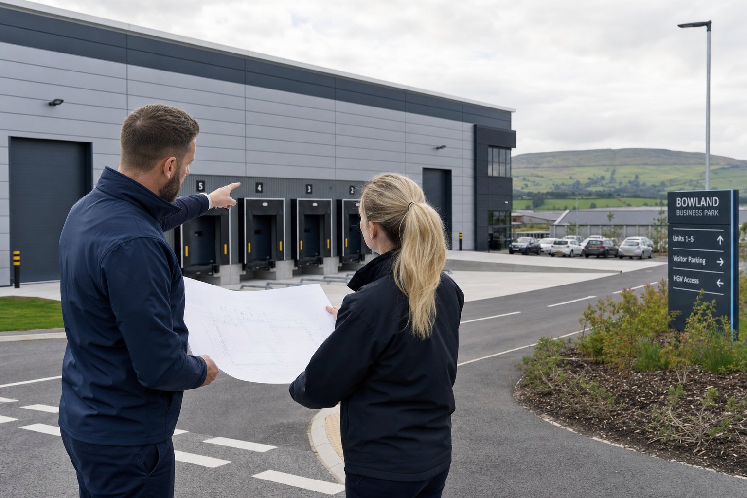 Client and commercial mortgage professional outside an industrial warehouse reviewing plans.