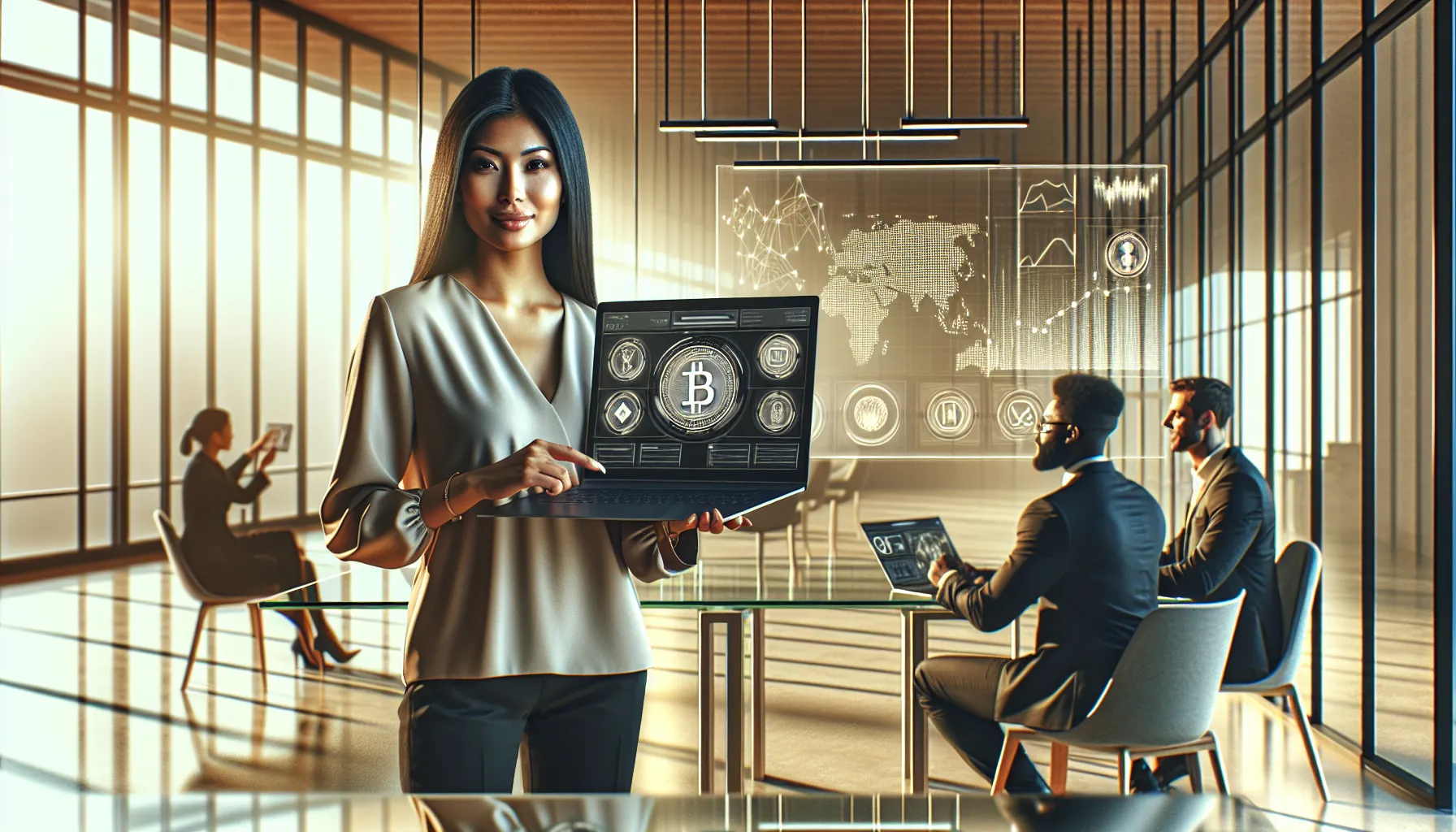 Professionals discussing cryptocurrency in a modern office setting.