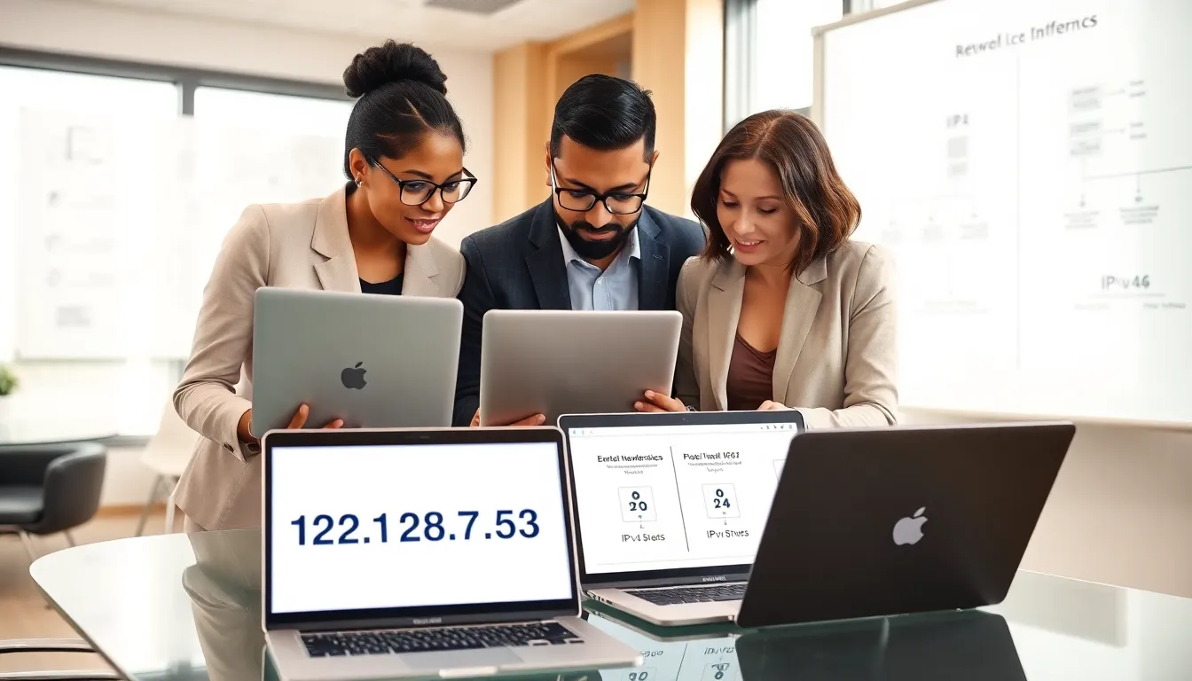 team discussing IP address concepts in a modern office setting.