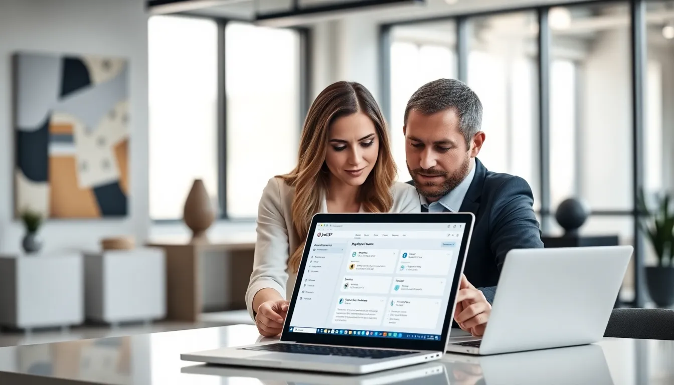 professionals collaborating in a modern office with a digital dashboard.