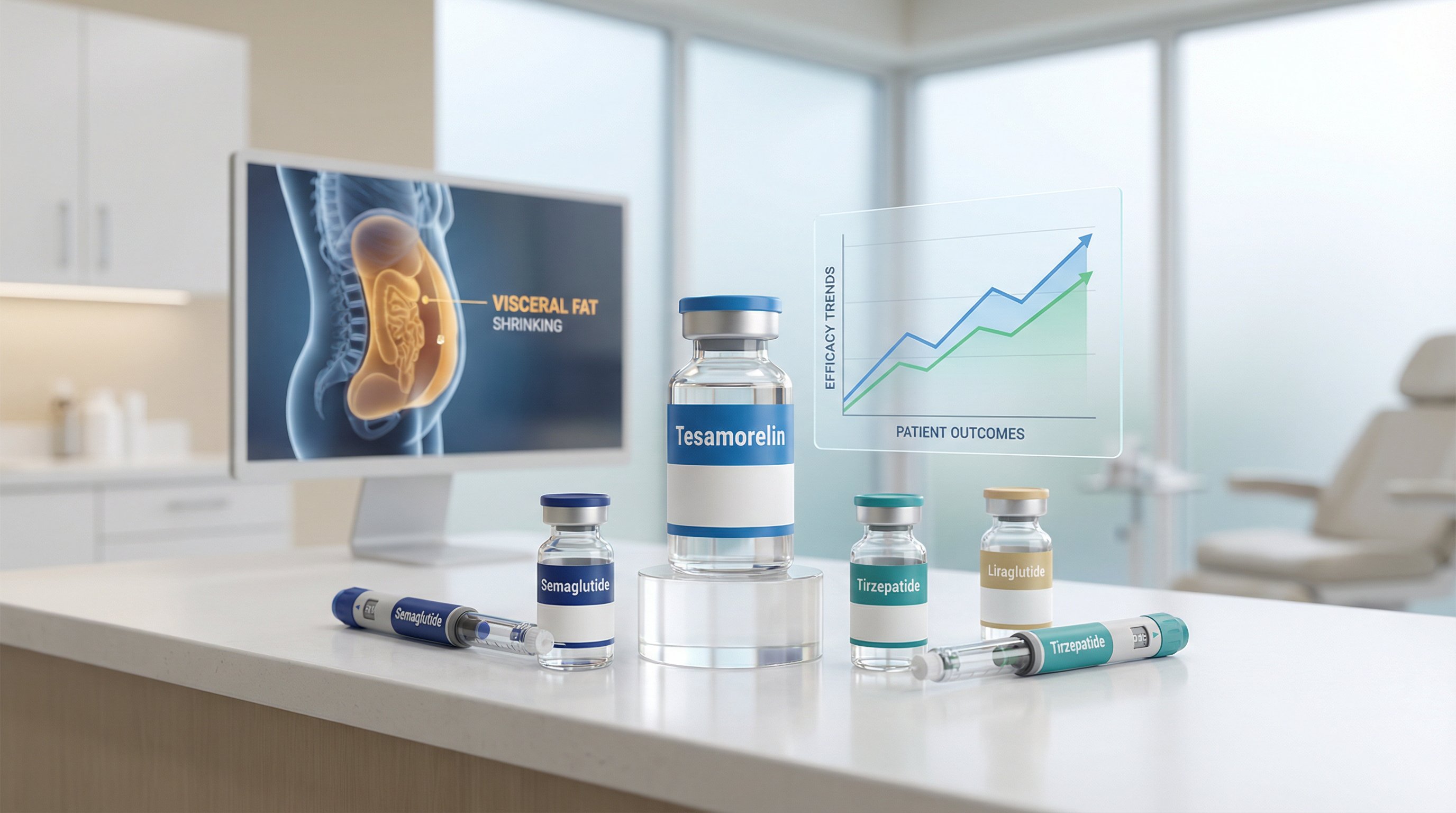 Labeled peptide vials on a clinical surface with an abdominal fat reduction diagram.