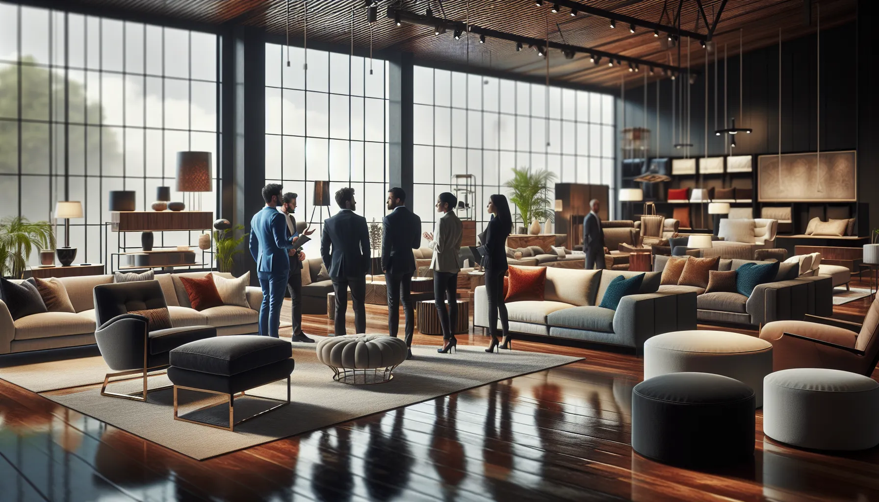 diverse team discussing Jackson Furniture in a modern showroom.