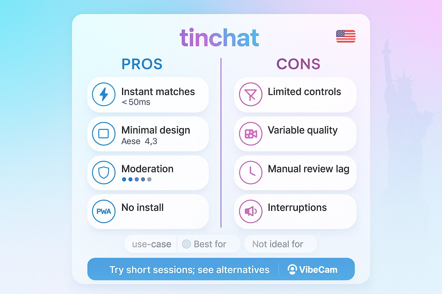 Two-column pros vs cons infographic for TinChat with use-case chips.