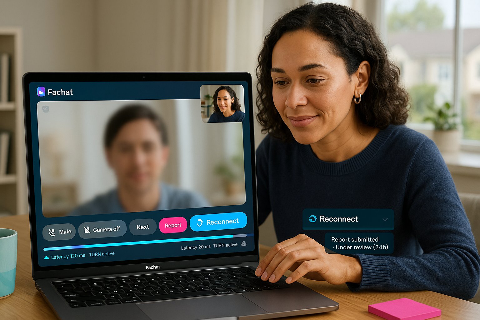 Person using Fachat on laptop with visible UI, reconnect and report buttons.