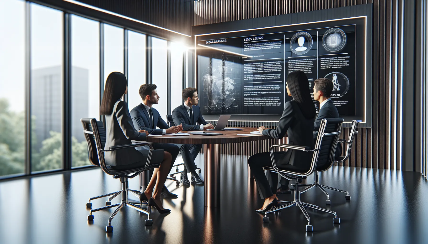 diverse team discussing legal regulations in a modern conference room.