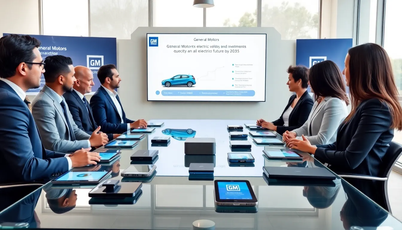 diverse professionals strategizing around electric vehicle plans.